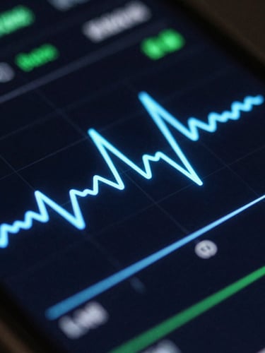 Macro close-up of a mobile screen showing real-time biometric graphs, glowing electric blue lines, high-contrast dark-mode interface.