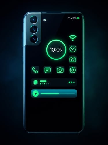 Sleek portrait-oriented Android flagship device mockup showing custom high-contrast UI, glowing neon green active states, deep space-black background, studio lighting.