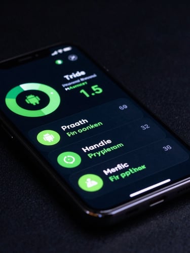 Dynamic low-angle shot of a sleek Android smartphone displaying a dark-mode health management dashboard, vibrant neon green accents, deep shadows.