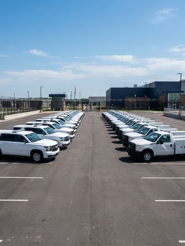 Crisp industrial photography, bright clear daylight, deep navy and slate tones, sharp focus, 35mm lens. A fleet of clean, aligned white utility vehicles parked in a secure government facility lot, low horizon, expansive sky, no text.