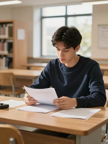 A focused university student in a clean, sunlit modern library, reviewing research papers with a gold-nibbed pen on a timber desk, warm window light, shallow depth of field.