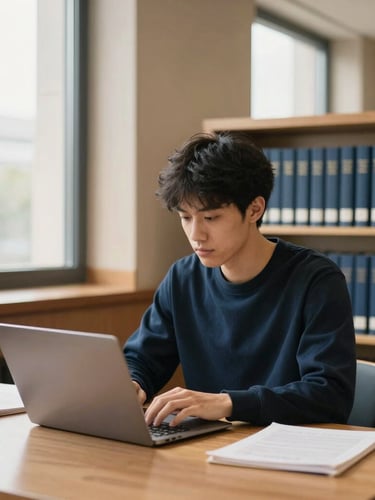 A focused postgraduate student working in a modern, wood-paneled university library, soft morning window light, deep navy books in background
