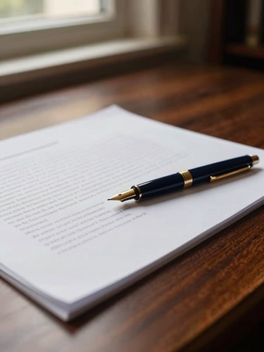 A close-up of research papers with gold-nibbed pens on a dark mahogany library desk, warm window light, shallow depth of field, 35mm