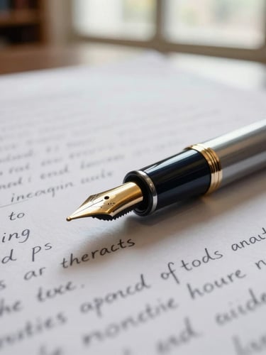 A close-up of a gold-nibbed fountain pen resting on a dense research paper with hand-written academic notes, warm library lighting, shallow depth of field