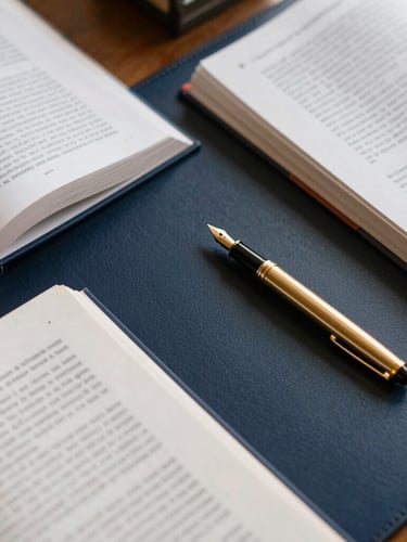 A close-up overhead flat-lay of structured research materials, open academic journals, and a gold-nibbed fountain pen on a deep navy leather desk mat, warm library lighting.