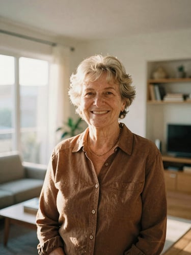 Dignified portrait of a senior resident smiling warmly inside her bright, sunlit modern apartment, warm natural light, 35mm film style