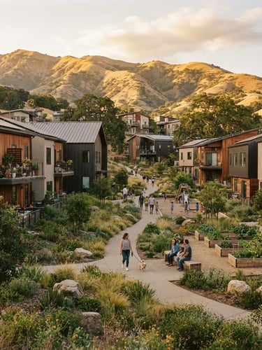 Architectural environmental shot of a modern, sustainable affordable housing community in the foothills, warm golden-hour daylight, native landscaping, 35mm film style.