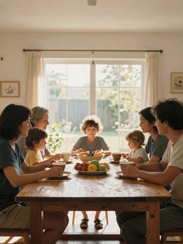 Warm environmental portrait of a family gathered around a wooden dining table in their bright, modern home, soft natural light filtering through a window, 35mm film style