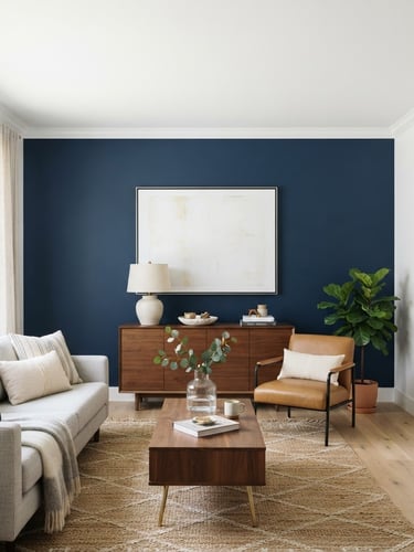 Straight-on architectural photograph of a bright modern living room with a crisp navy blue accent wall meeting a flawless white ceiling, sharp-edged trim, natural daylight, 35mm.