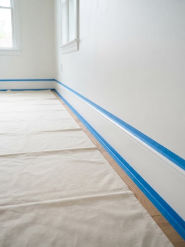 Crisp architectural photography of a bright room, natural daylight, perfectly taped baseboards with blue painter's tape, clean drop cloths on hardwood floors, sharp focus, 35mm.