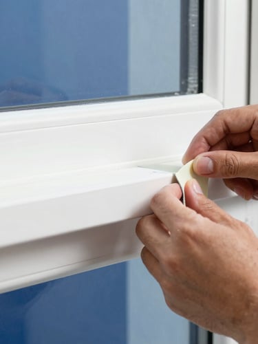 Crisp architectural photography of a painter's hands carefully applying painter's tape along a clean white window trim, bright natural daylight, sharp focus, 35mm.