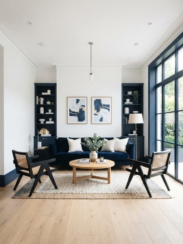 Straight-on architectural shot of a bright modern living room with pristine white walls and deep blue accent trim, natural daylight, 35mm