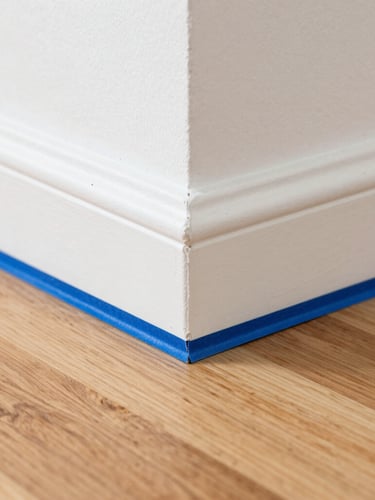 Macro detail shot of perfectly taped baseboard edges with a clean blue painter tape line on a pristine hardwood floor, bright daylight, sharp focus