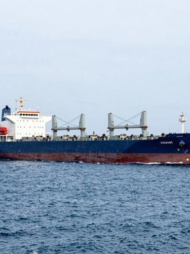 Wide-angle environmental shot of a massive commercial bulk carrier vessel navigating open ocean waters under overcast maritime skies.