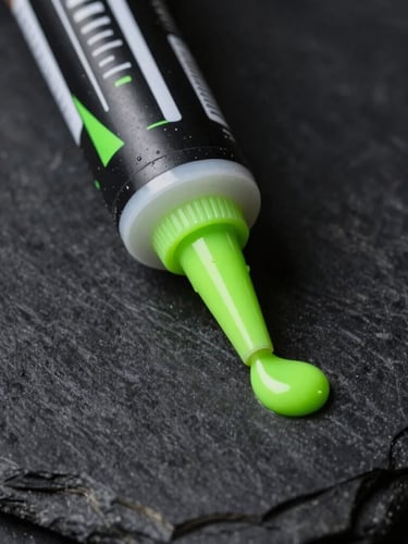 Macro close-up of a caulking gun applying a perfect, smooth neon-accented bead of sealant on dark slate tiles, sharp directional lighting, ultra-detailed texture