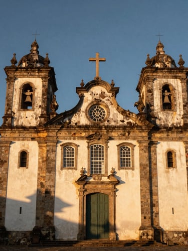 Wide panoramic shot of the historic Jesuit church in Anchieta at golden hour, warm light casting long shadows on ancient stone walls, clean compositions, 35mm lens