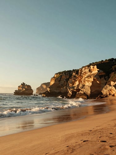 Wide panoramic golden hour view of the cliffs of Marataízes, soft waves hitting the sand, expansive sky with negative space on the left