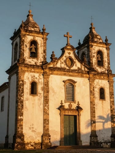 Warm golden hour light shining on historical stone church walls in Anchieta, Espírito Santo, professional travel photography, cinematic composition, 35mm lens