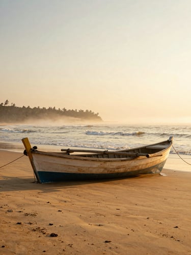Wide environmental portrait of a traditional wooden fishing boat resting on the golden sands of Piúma beach at sunrise, warm ocean mist in the background