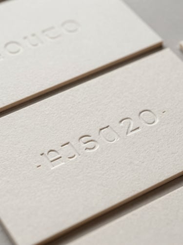 A close-up flat lay of tactile business cards with embossed sharp typography on heavy off-white paper, natural side lighting