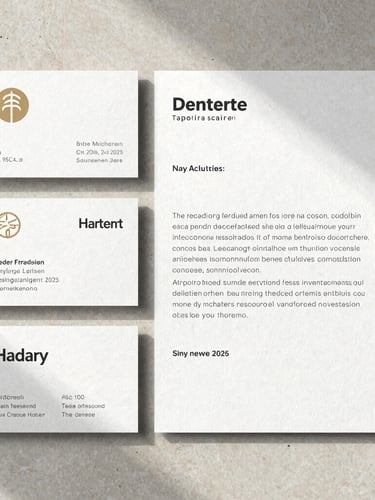 A straight-on flat lay of tactile business cards and letterheads showing heavy paper texture and sharp typography, arranged on a light stone surface with soft, indirect daylight shadows.