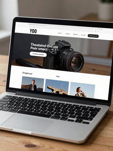 Straight-on close-up of a high-fidelity website mockup displayed on a modern laptop screen, sitting on a textured oak desk in bright, natural morning daylight.