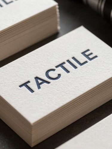 Tactile thick cotton business cards stacked neatly, showing deep letterpress texture and crisp typography, illuminated by soft natural side light.