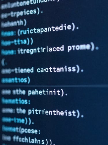 Macro close-up of clean code blocks on a high-contrast monitor, cool blue screen-glow, shallow depth of field, technical blueprint aesthetic