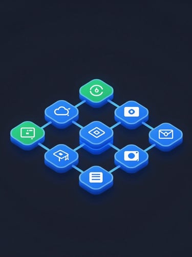 Sleek isometric vector schematic of a Google Cloud Platform architecture diagram, glowing blue and green nodes, dark slate background