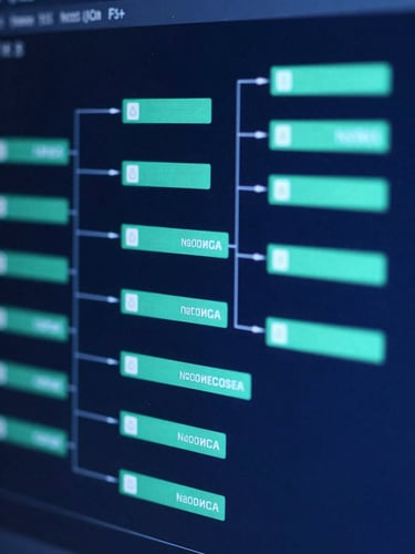 Sleek technical photography of a node-based system diagram on a screen, cool blue and cyber-green screen-glow, deep slate background, high-contrast details
