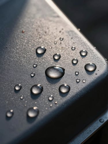Extreme macro shot of water beading perfectly on a dark matte coated steel surface, sharp directional sunlight highlighting hydrophobic properties