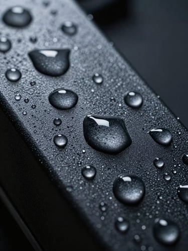 Extreme macro shot of water-beading on a dark, textured hydrophobic coating under sharp laboratory directional light.