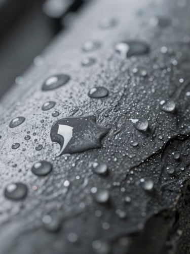 Extreme macro shot of slate gray industrial coating with sharp directional light highlighting the hydrophobic water-beading texture.