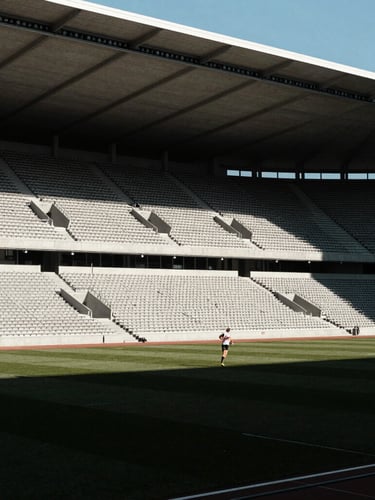 Architectural shot of an empty modern stadium in morning light, sharp shadows, clean lines, Swiss modernist aesthetic, 35mm lens