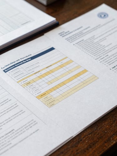 Close-up of structured curriculum plans and official academic documents on a dark wooden table, soft natural light, editorial photography, 35mm