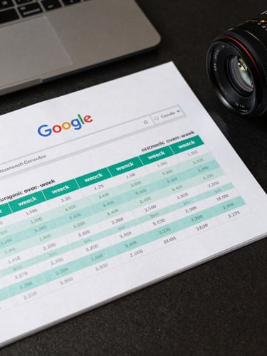 Overhead flat-lay of an anonymized Google Search Console report printout on a dark desk, key organic traffic columns highlighted in teal marker, neutral office lighting, tight crop showing week-over-week rows