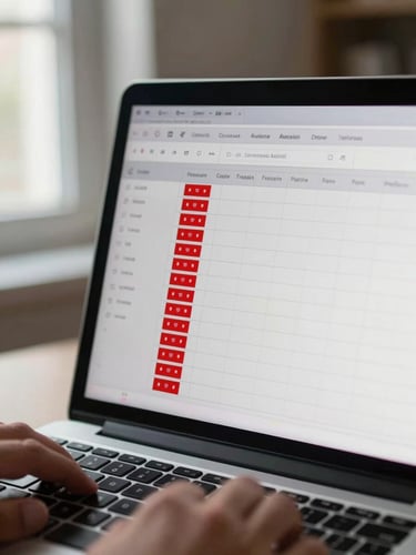 Close-up of a laptop screen showing a site crawl audit tool with red error flags highlighted in a spreadsheet-style interface, neutral window light from the left, hands on keyboard partially visible at the bottom edge