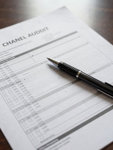 Overhead flat-lay of a printed channel audit worksheet on a desk, rows of checkboxes and numeric scores visible, a pen resting diagonally across the page, diffuse natural window light, no people