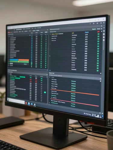 Wide shot of a monitor displaying a multi-channel analytics dashboard, tight crop on the screen from a slight side angle, neutral office lighting, data rows and column headers clearly visible, no people in frame
