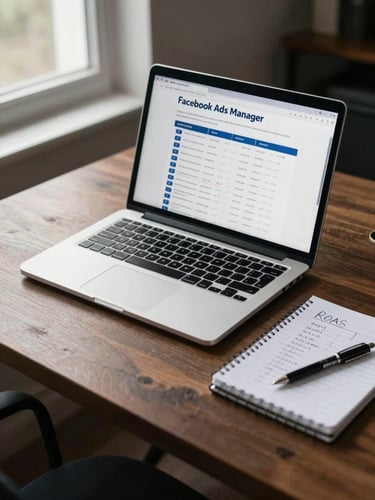 Wide shot of a work desk with an open laptop displaying an anonymized Facebook Ads Manager breakdown by ad set, a notebook with handwritten ROAS figures beside it, window light from the left, no people in frame