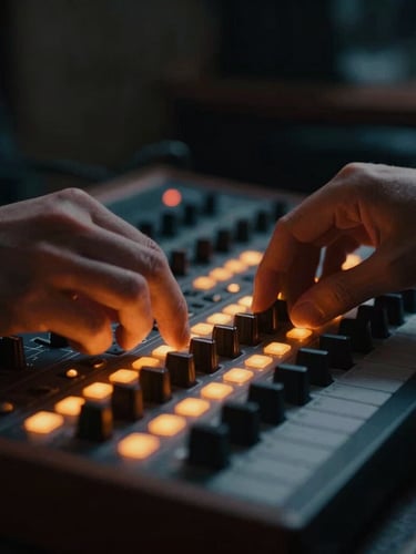 Cinematic close-up of hands adjusting a modular synthesizer patch bay, glowing orange LEDs, low-key atmospheric studio lighting, shallow depth of field, 35mm