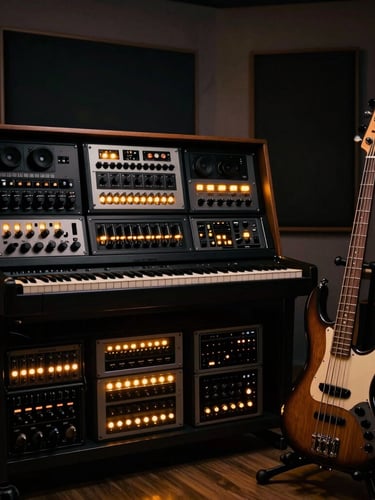 Wide environmental shot of a dark-mode music studio, rack gear glowing with amber LEDs, a 5-string bass guitar on a stand, low-key dramatic lighting, 35mm