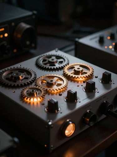 Low-key cinematic studio shot of glowing rack gear, warm amber LEDs illuminating analog compressors and preamps, deep shadows, 35mm