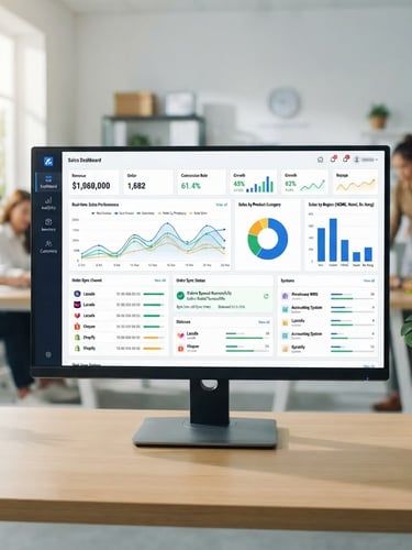 Crisp front-facing software dashboard mockup showing real-time sales charts and order sync status, bright natural office lighting, clean commercial photography, soft shadows, sharp focus, 35mm