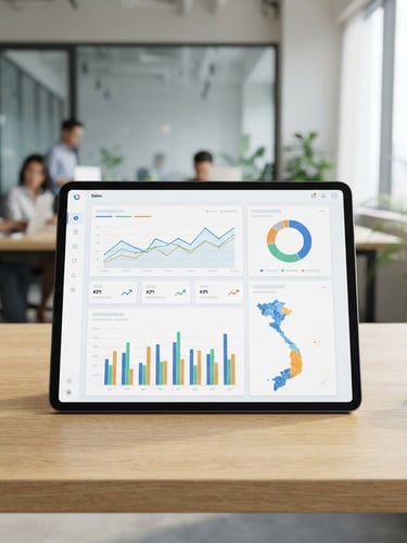 Crisp front-facing software mockup of a sales dashboard on a tablet, bright natural office lighting, modern Vietnamese business setting, soft shadows, sharp focus, 35mm