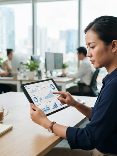 Clean minimalist mockup of a unified multi-channel sales dashboard on a tablet, bright natural office lighting, Vietnamese business setting, soft shadows, sharp focus, 35mm