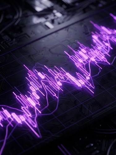 Sleek 3D render of abstract financial charts, glowing violet neon light, dark cybernetic aesthetic, macro shot of candlestick patterns on a dark screen
