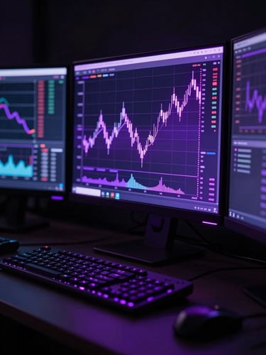 Dramatic backlighting with sharp electric violet glow, close-up of a dark-themed multi-monitor trading setup, high contrast, sleek minimalist workspace