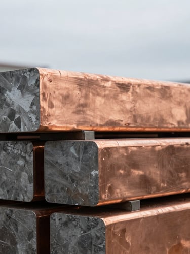 Macro close-up of pure copper cathodes stacked in an industrial warehouse, cool overcast daylight, desaturated steel and slate tones, 35mm lens