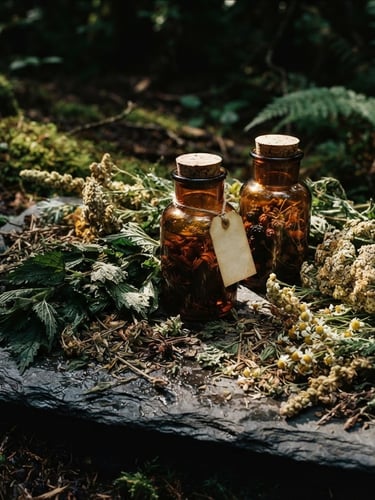 Close-up of dried wildcrafted herbs and amber glass bottles on dark slate, moody forest light, tactile texture, 35mm film photography